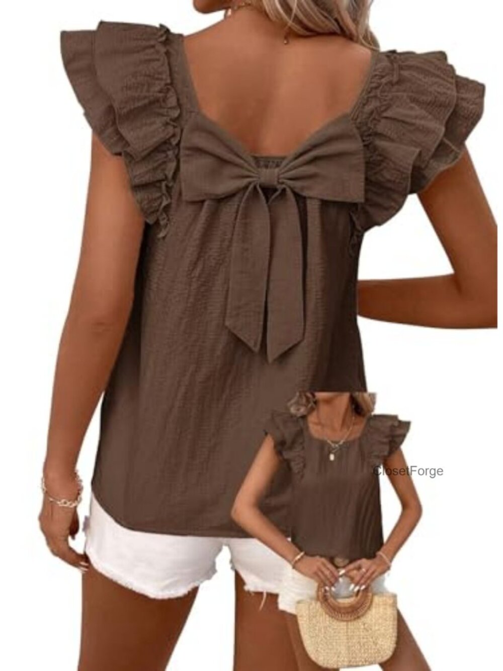 Women's Bow Tie Back Tunic Top Ruffle Short Sleeve Blouse